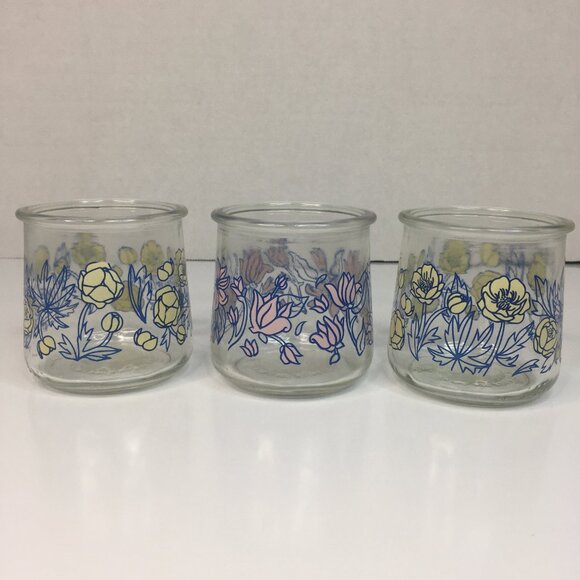 3 Oui Limited Edition 6 oz Floral Glass Yogurt Cups Jars Pink Yellow Flower - Picture 3 of 16